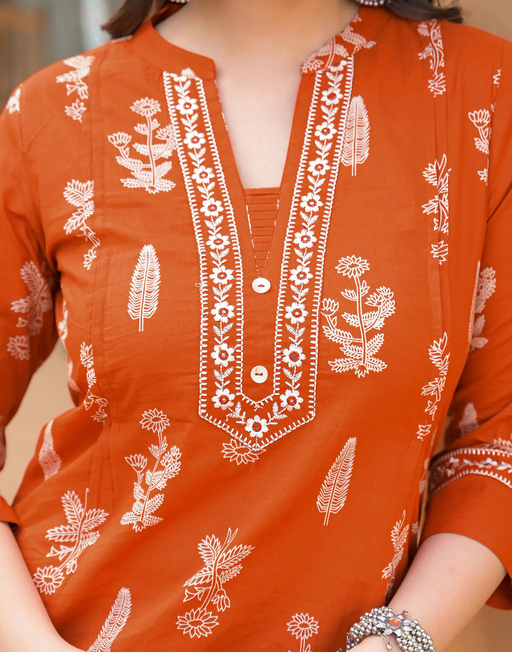 Salamander Orange Mandarin Collar Embroidered Printed Straight 3 Piece Kurta Set with Dupatta