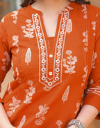 Salamander Orange Mandarin Collar Embroidered Printed Straight 3 Piece Kurta Set with Dupatta
