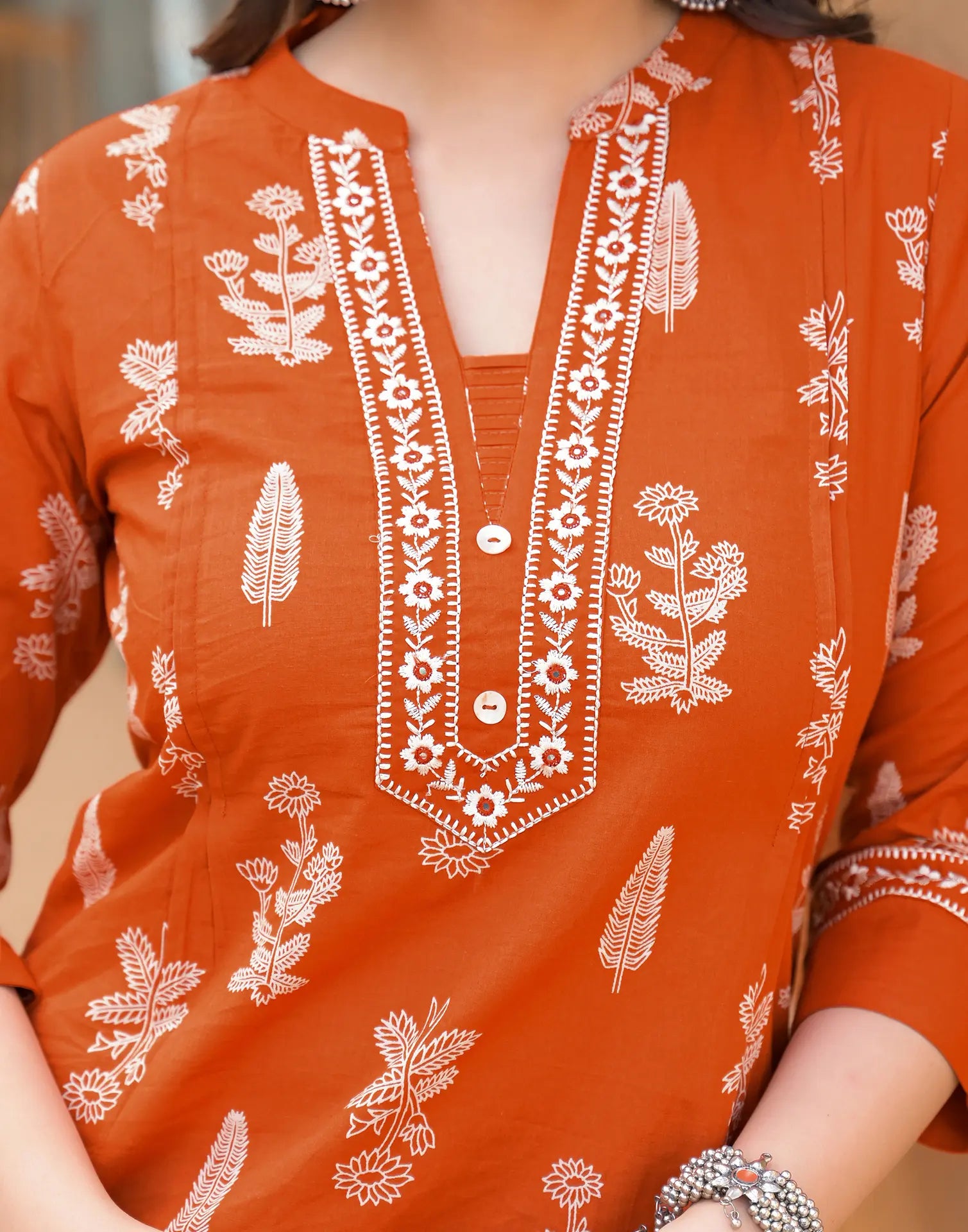 Salamander Orange Mandarin Collar Embroidered Printed Straight 3 Piece Kurta Set with Dupatta
