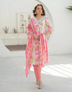 Bone White V-Neck Embroidered Printed Straight 3 Piece Kurta Set with Dupatta