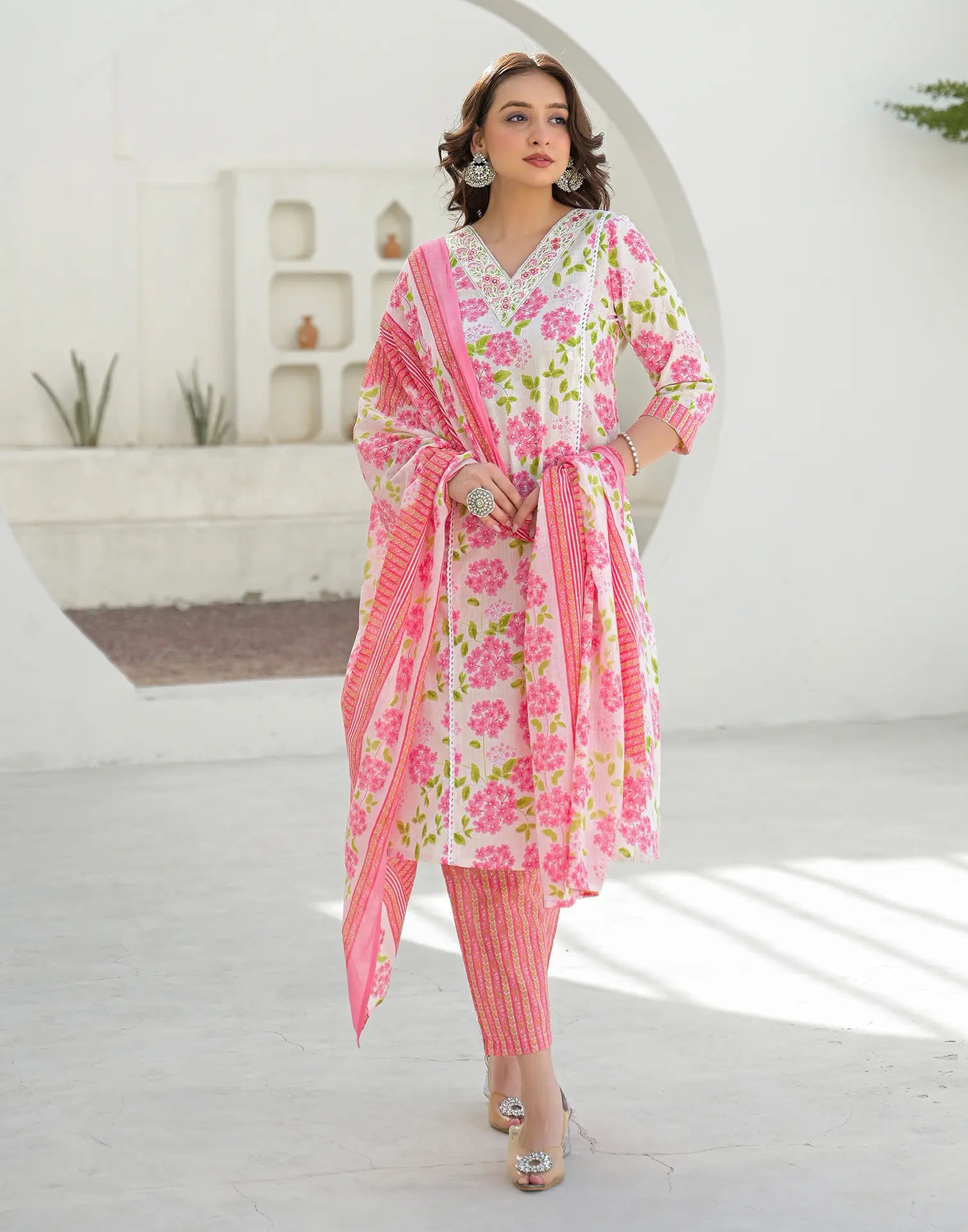 Bone White V-Neck Embroidered Printed Straight 3 Piece Kurta Set with Dupatta