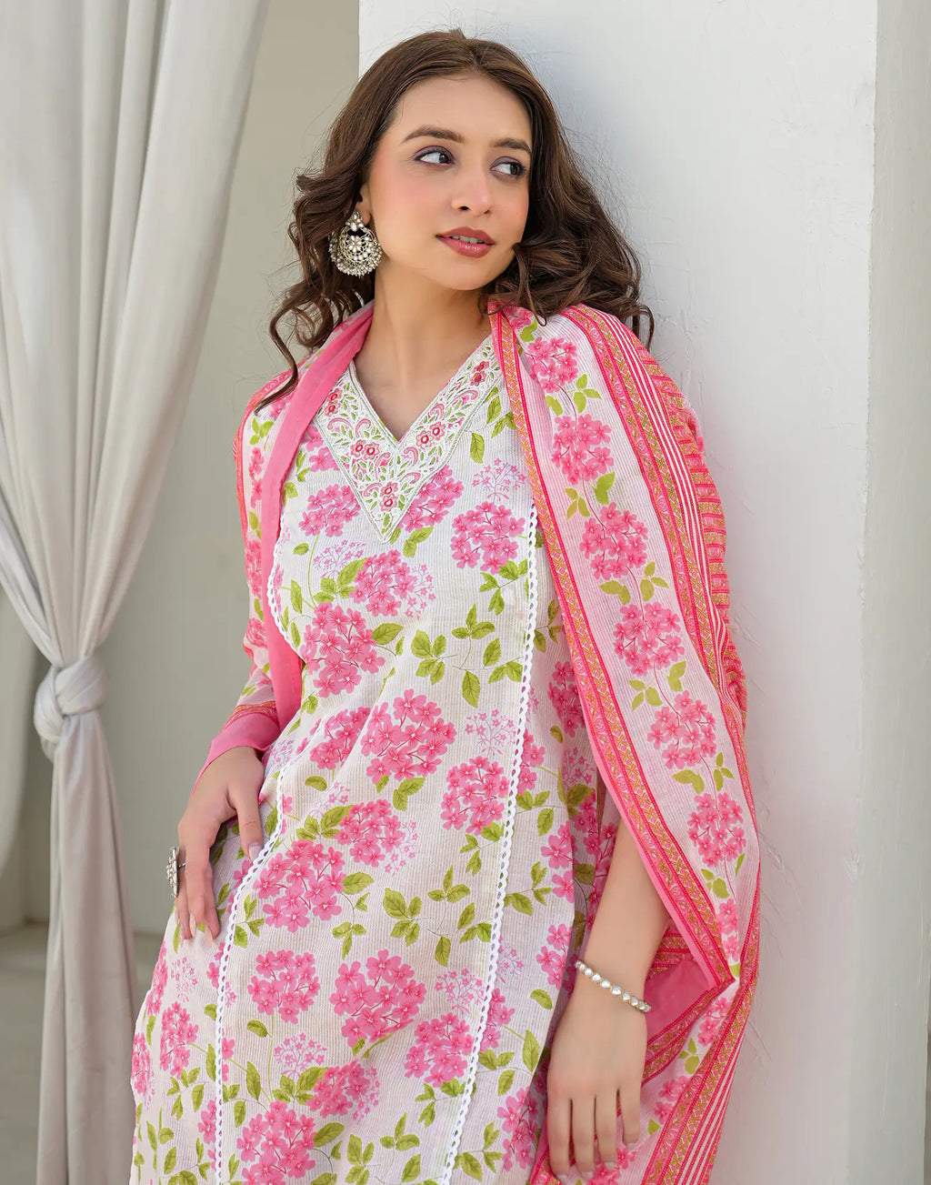 Bone White V-Neck Embroidered Printed Straight 3 Piece Kurta Set with Dupatta