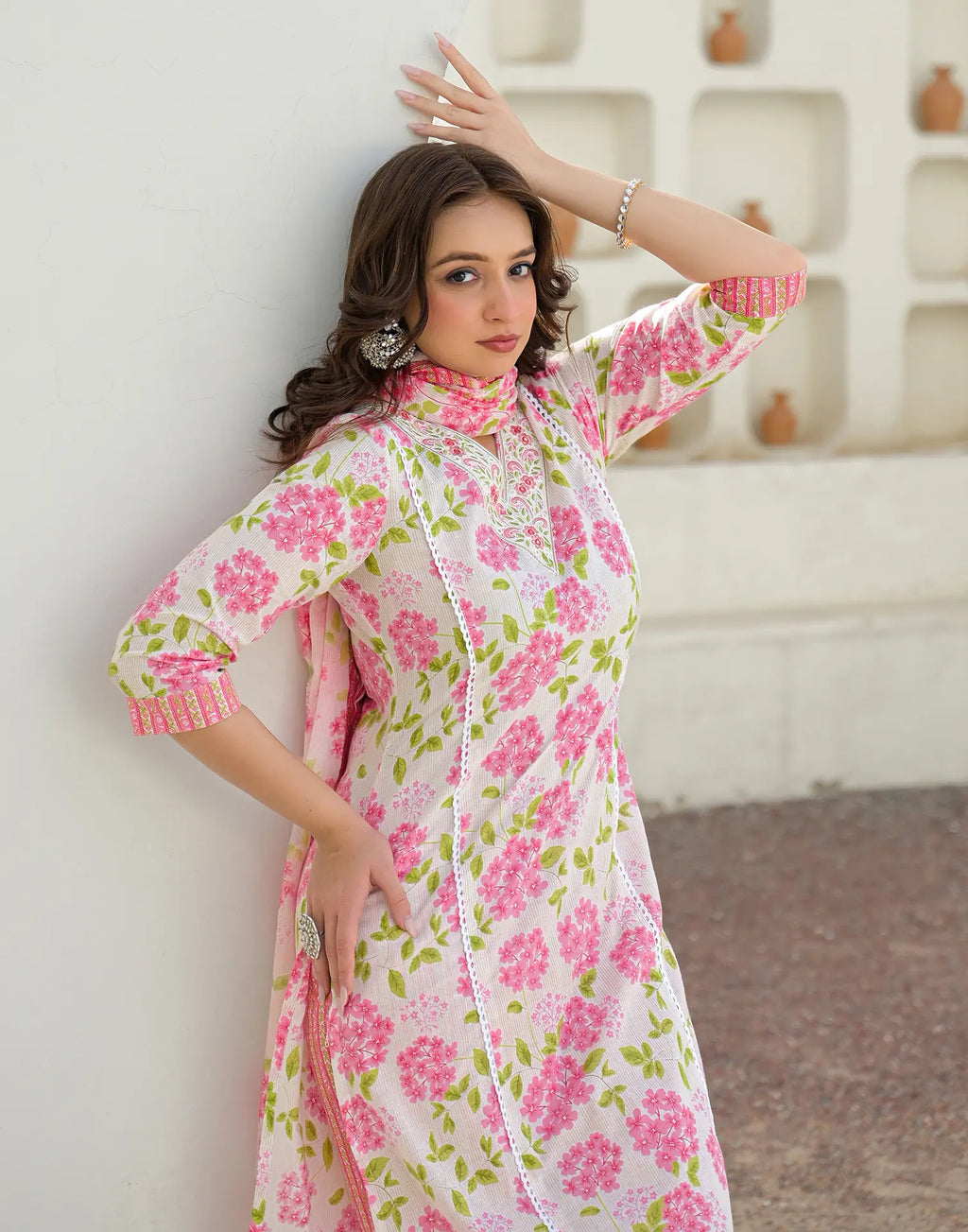 Bone White V-Neck Embroidered Printed Straight 3 Piece Kurta Set with Dupatta