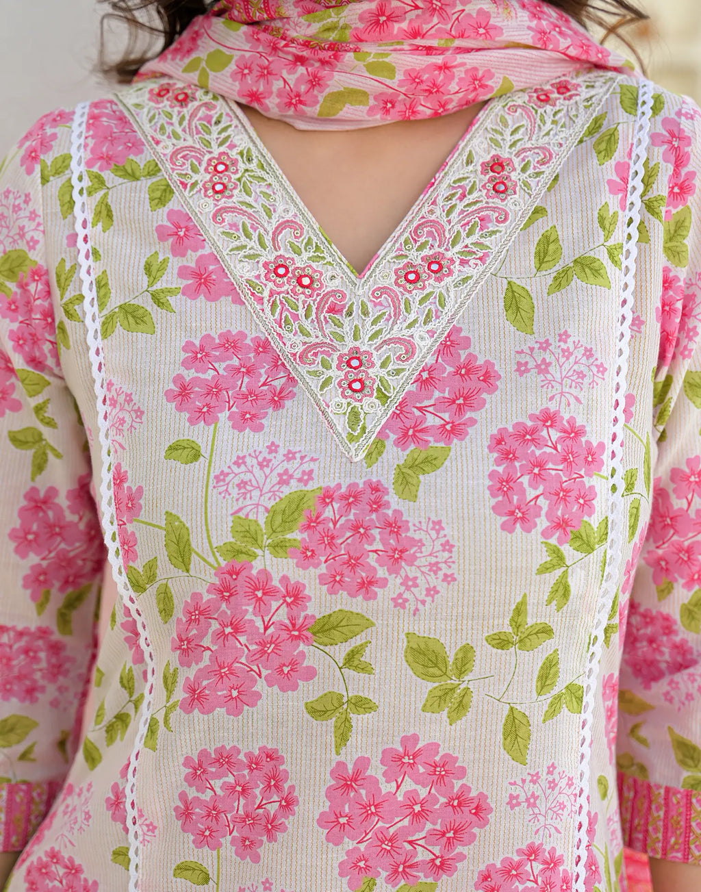 Bone White V-Neck Embroidered Printed Straight 3 Piece Kurta Set with Dupatta