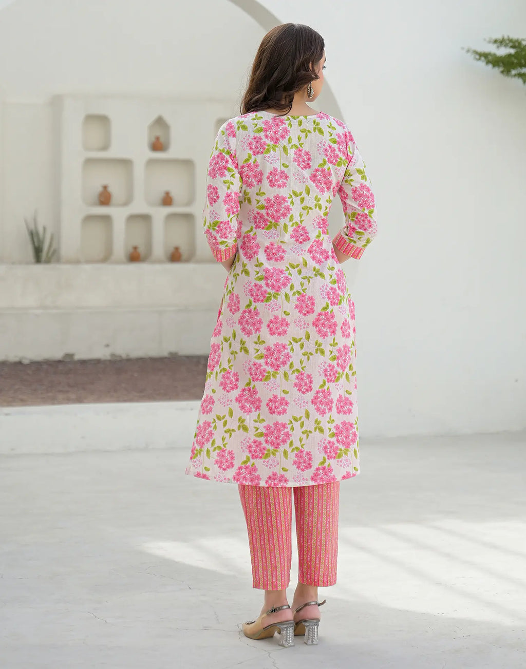 Bone White V-Neck Embroidered Printed Straight 3 Piece Kurta Set with Dupatta