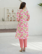 Bone White V-Neck Embroidered Printed Straight 3 Piece Kurta Set with Dupatta