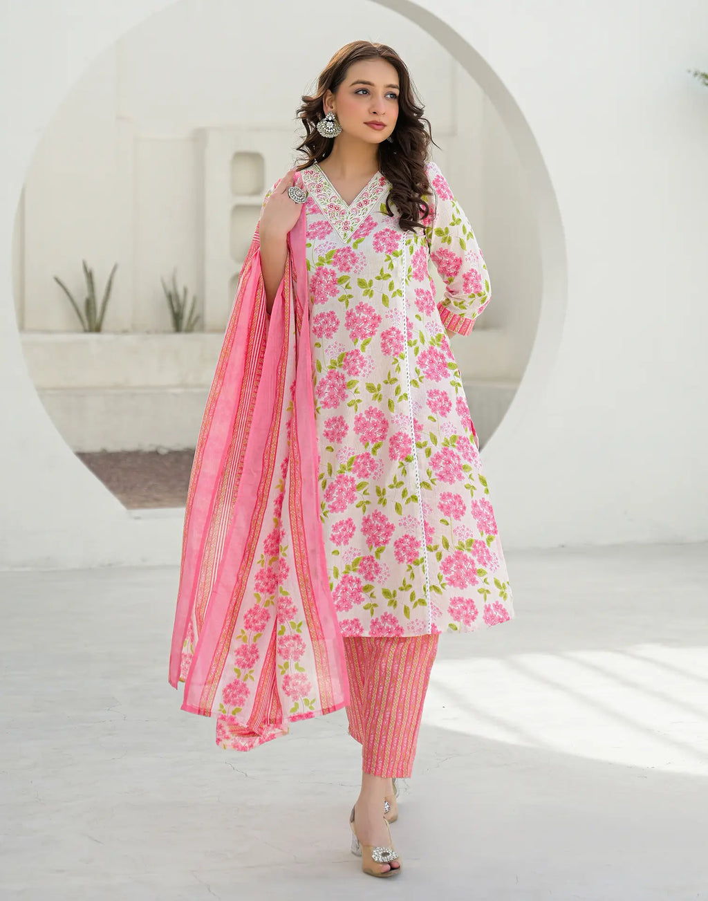 Bone White V-Neck Embroidered Printed Straight 3 Piece Kurta Set with Dupatta