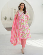 Bone White V-Neck Embroidered Printed Straight 3 Piece Kurta Set with Dupatta