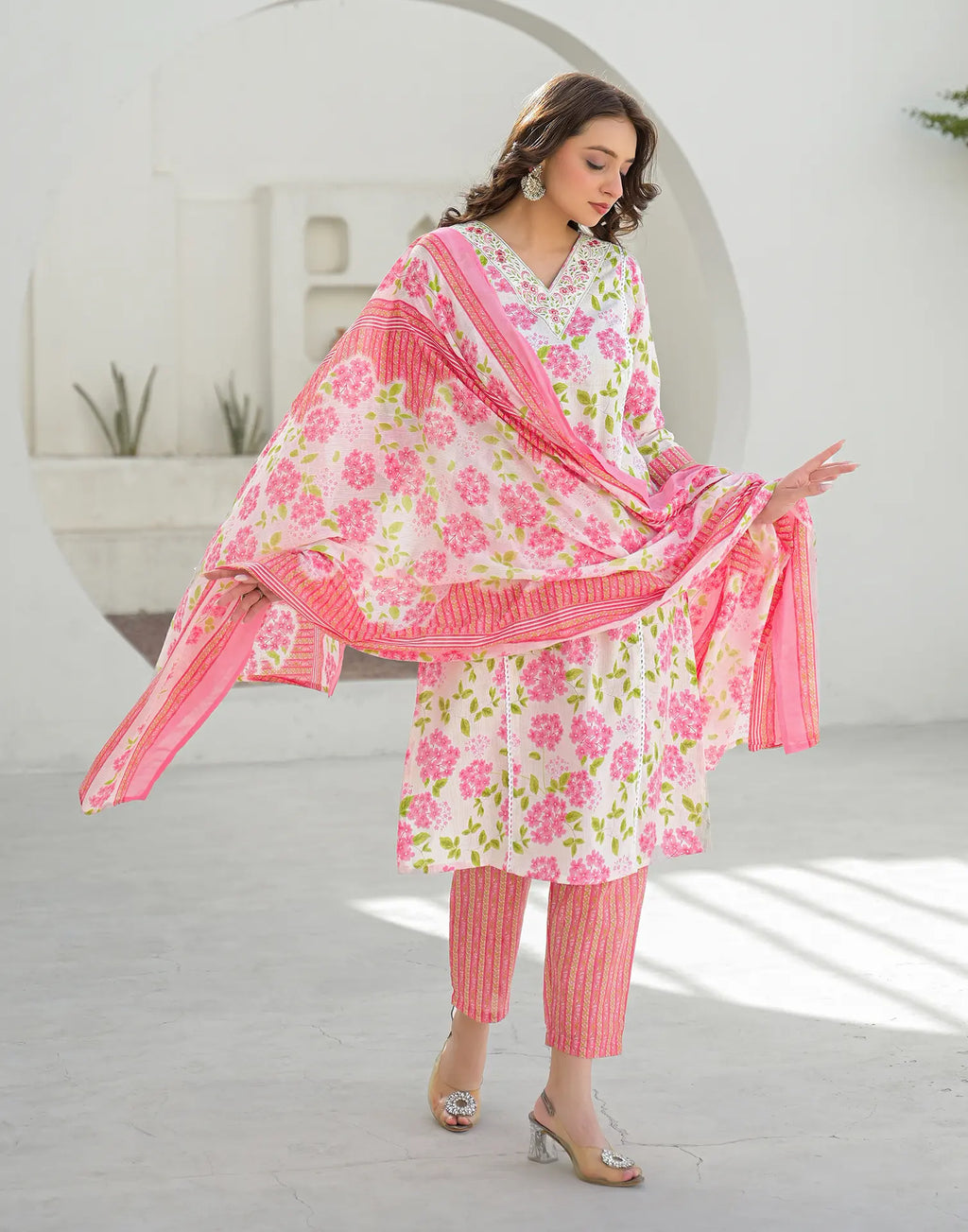 Bone White V-Neck Embroidered Printed Straight 3 Piece Kurta Set with Dupatta