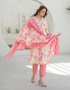 Bone White V-Neck Embroidered Printed Straight 3 Piece Kurta Set with Dupatta