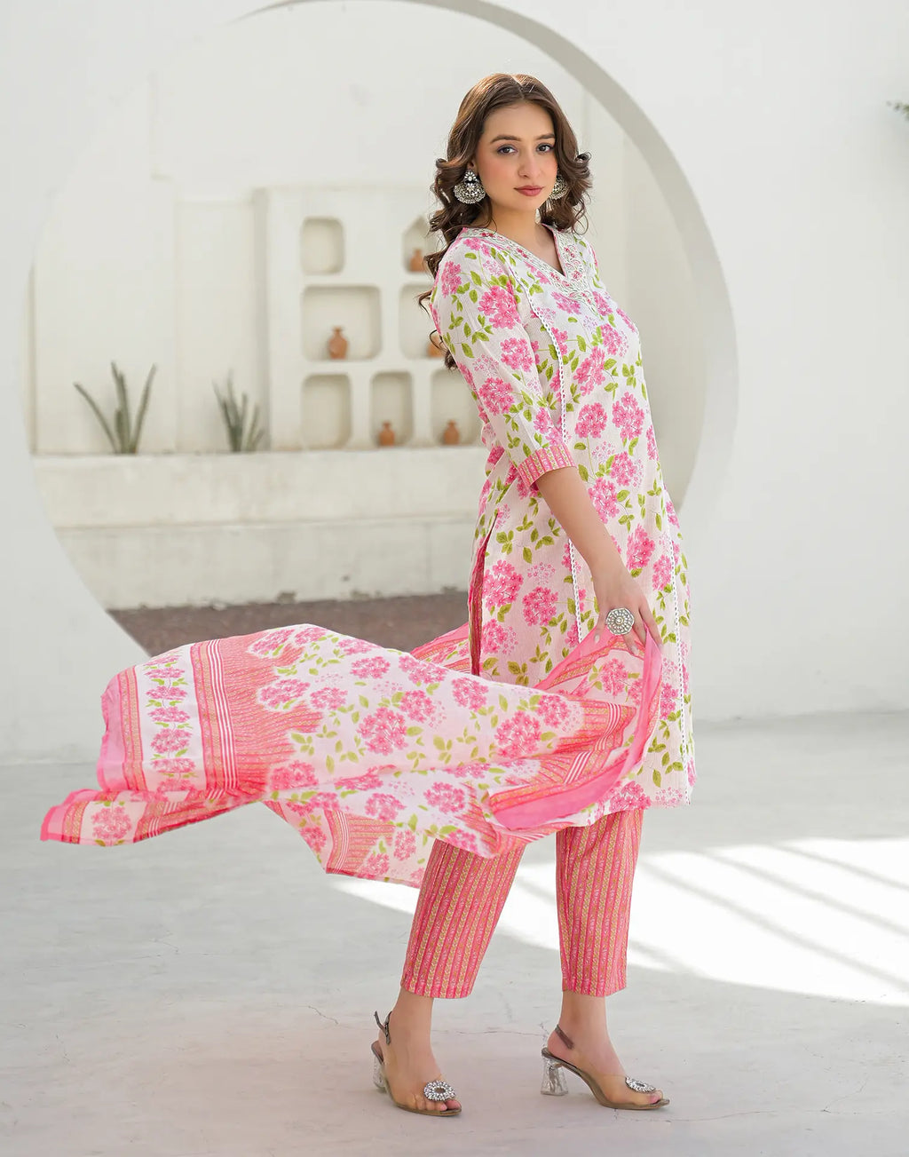 Bone White V-Neck Embroidered Printed Straight 3 Piece Kurta Set with Dupatta