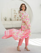 Bone White V-Neck Embroidered Printed Straight 3 Piece Kurta Set with Dupatta