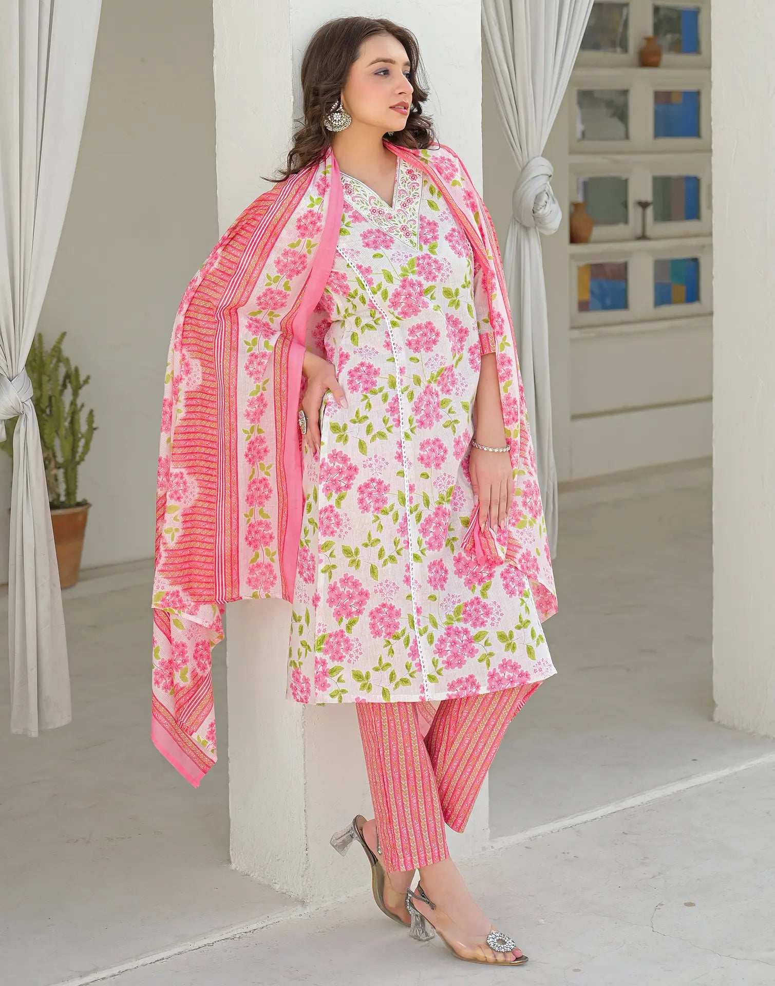 Bone White V-Neck Embroidered Printed Straight 3 Piece Kurta Set with Dupatta