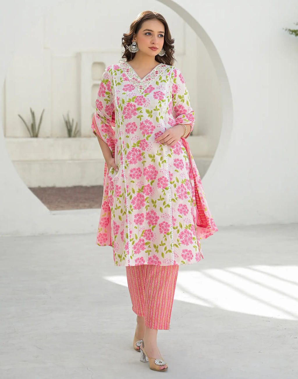 Bone White V-Neck Embroidered Printed Straight 3 Piece Kurta Set with Dupatta