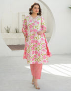 Bone White V-Neck Embroidered Printed Straight 3 Piece Kurta Set with Dupatta