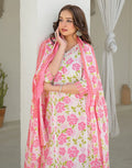Bone White V-Neck Embroidered Printed Straight 3 Piece Kurta Set with Dupatta