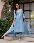 Skylee Cotton Woven Straight 3 Piece Kurta Set For Woman