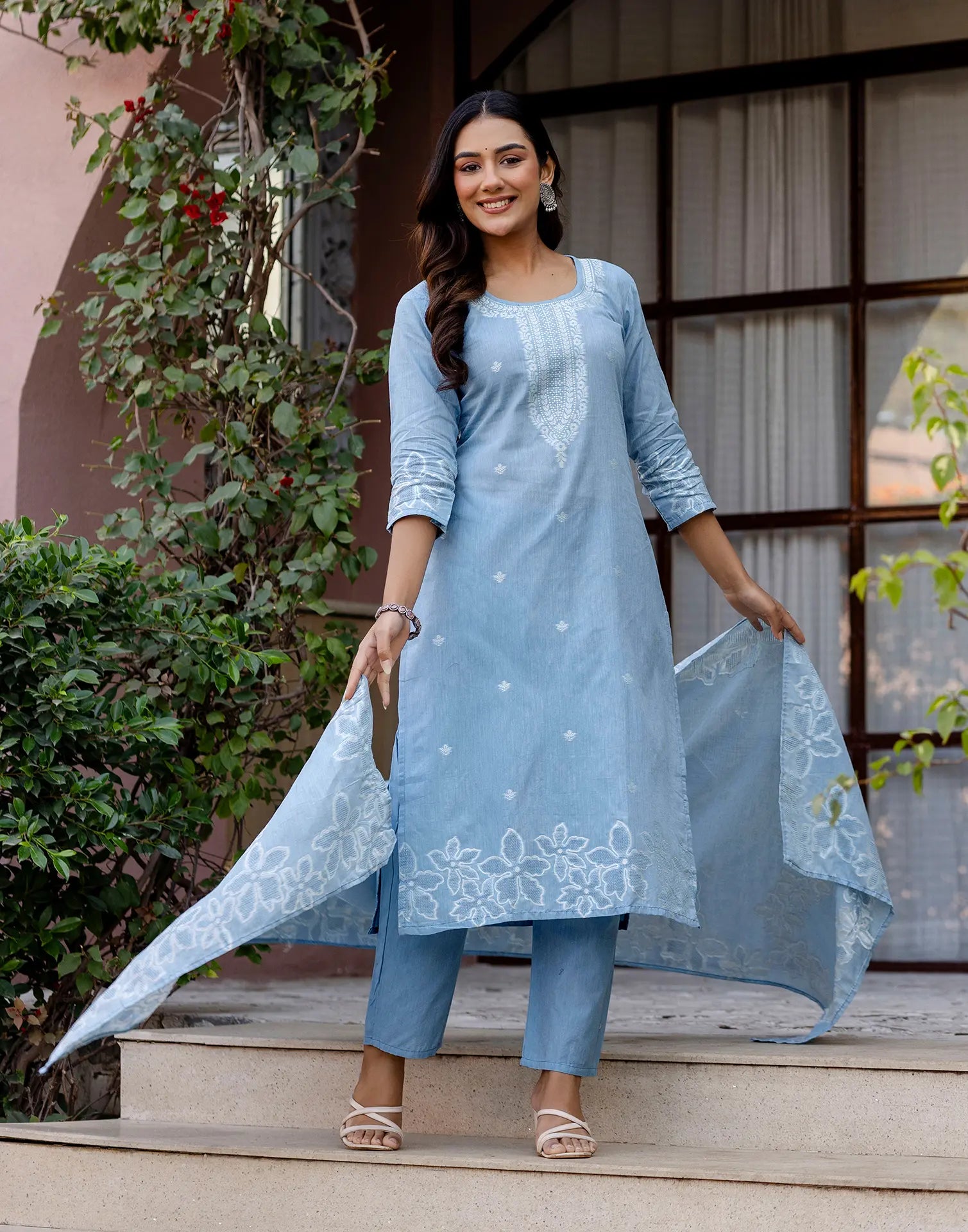 Skylee Cotton Woven Straight 3 Piece Kurta Set For Woman