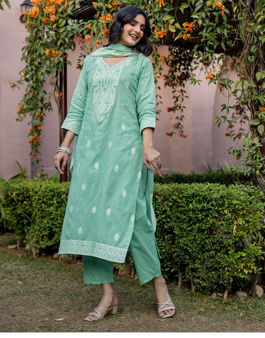 Cotton Woven Straight 3 Piece Kurta Set