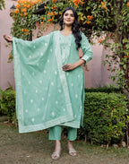 Skylee Cotton Woven Straight 3 Piece Kurta Set For Woman