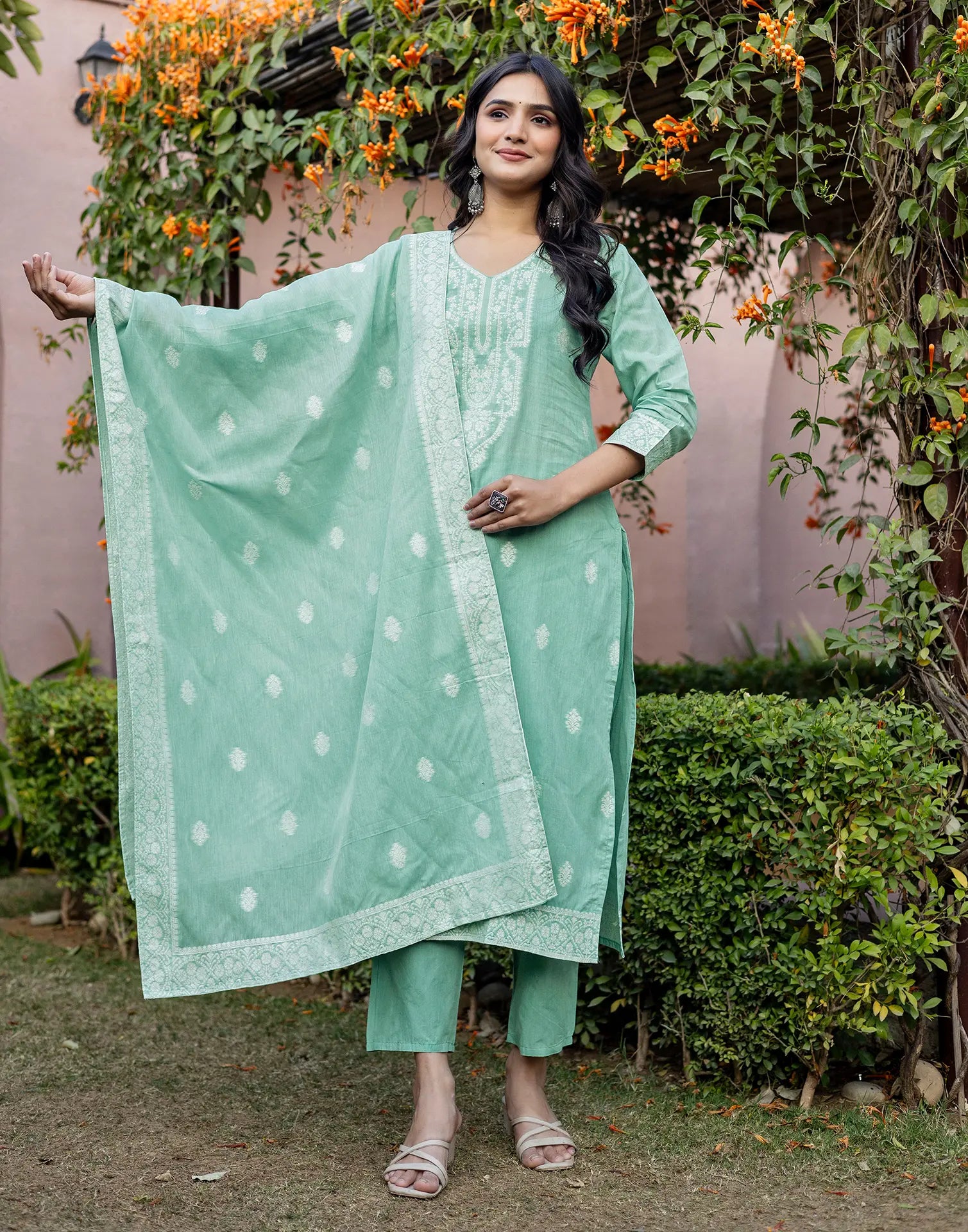 Skylee Cotton Woven Straight 3 Piece Kurta Set For Woman