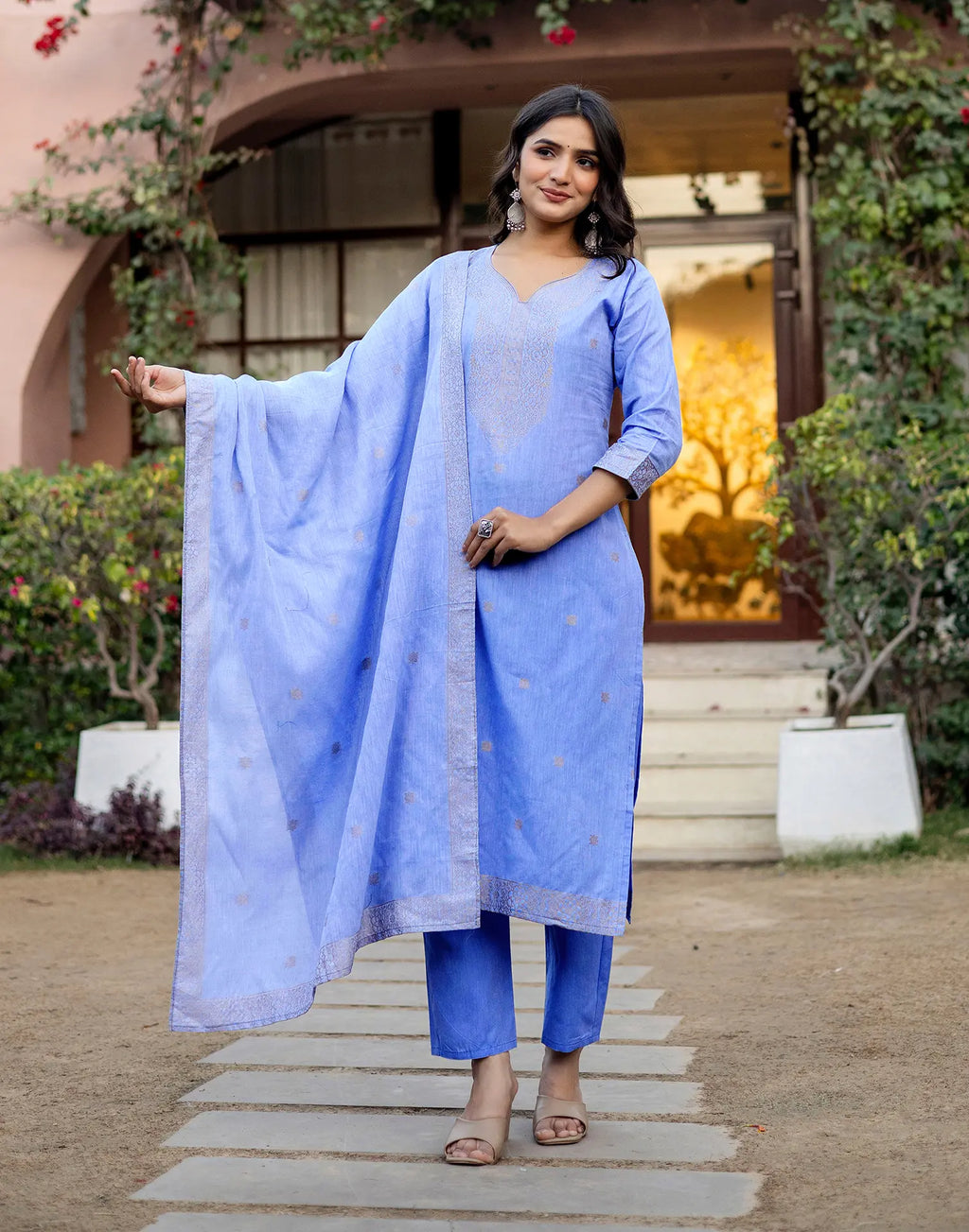 Ice Blue Keyhole Round Neck Weaving Straight 3 Piece Kurta Set with Dupatta