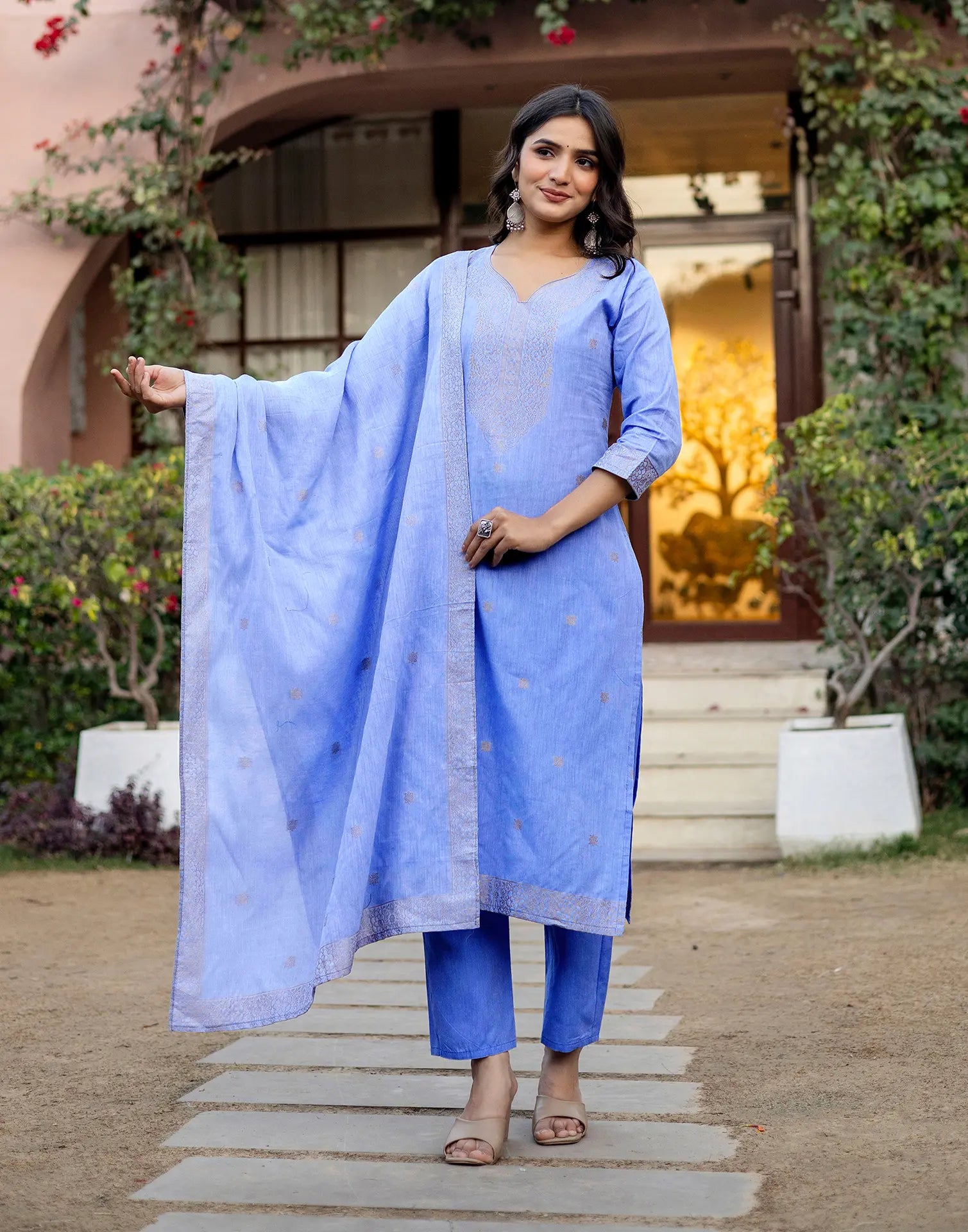 Ice Blue Keyhole Round Neck Weaving Straight 3 Piece Kurta Set with Dupatta