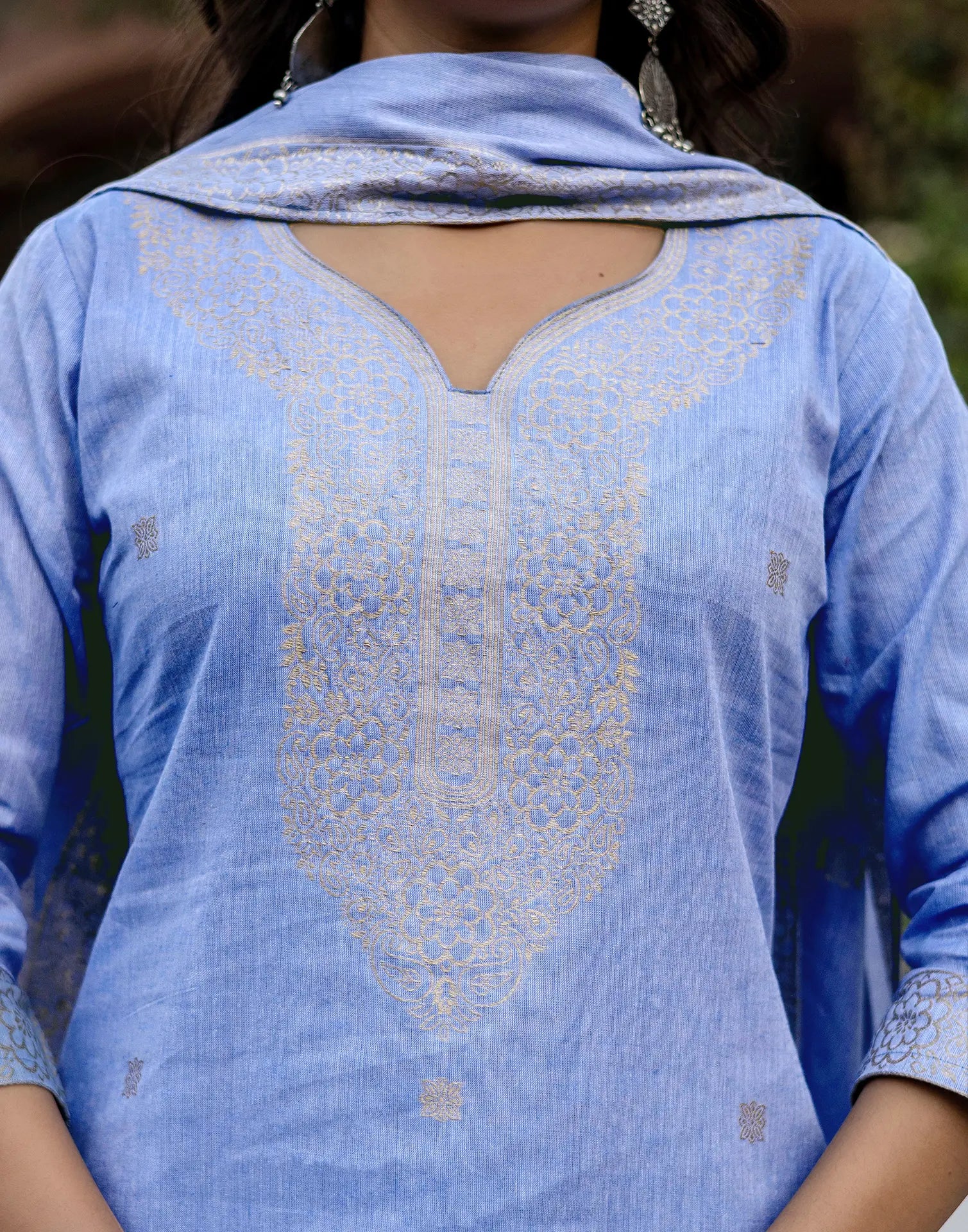 Ice Blue Keyhole Round Neck Weaving Straight 3 Piece Kurta Set with Dupatta