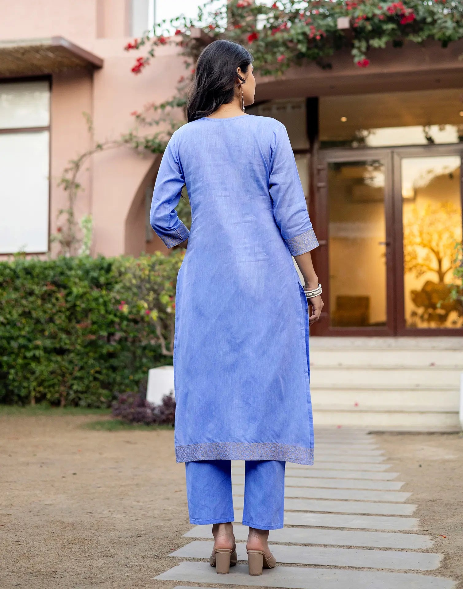 Ice Blue Keyhole Round Neck Weaving Straight 3 Piece Kurta Set with Dupatta