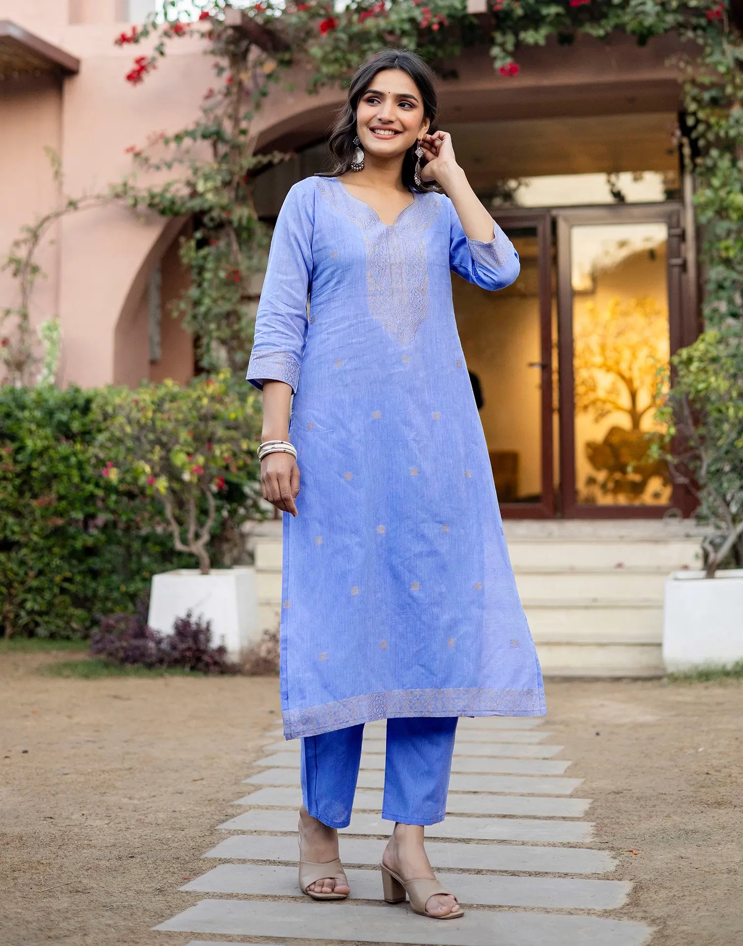 Ice Blue Keyhole Round Neck Weaving Straight 3 Piece Kurta Set with Dupatta