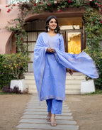 Ice Blue Keyhole Round Neck Weaving Straight 3 Piece Kurta Set with Dupatta