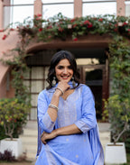 Ice Blue Keyhole Round Neck Weaving Straight 3 Piece Kurta Set with Dupatta
