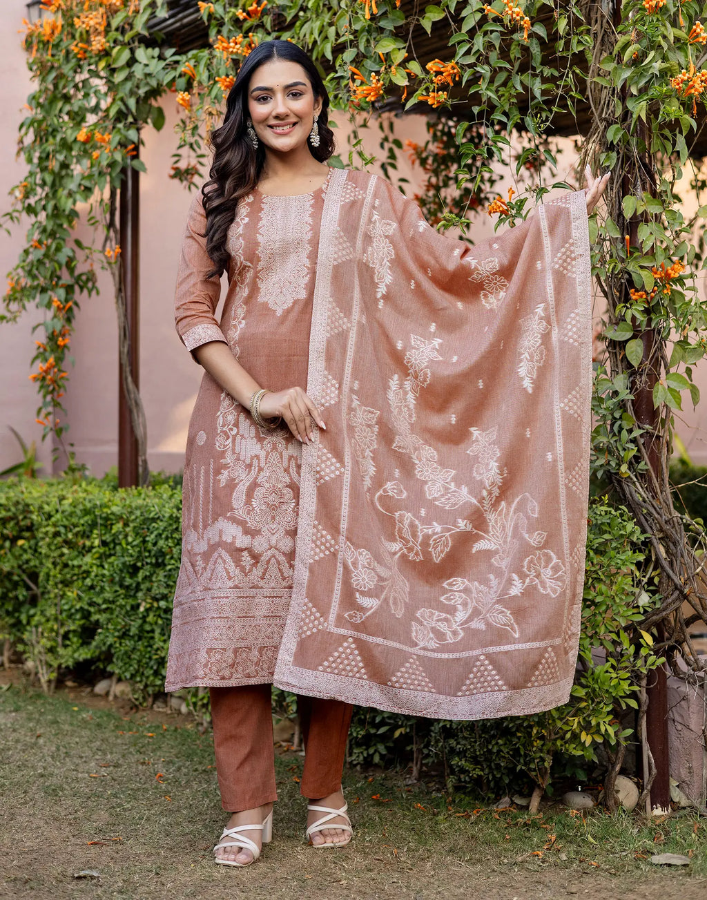 Skylee Cotton Woven Straight 3 Piece Kurta Set For Woman