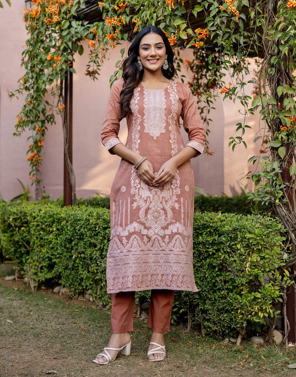 Skylee Cotton Woven Straight 3 Piece Kurta Set For Woman