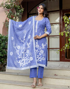 Cornflower Blue Round Neck Weaving Straight 3 Piece Kurta Set with Dupatta
