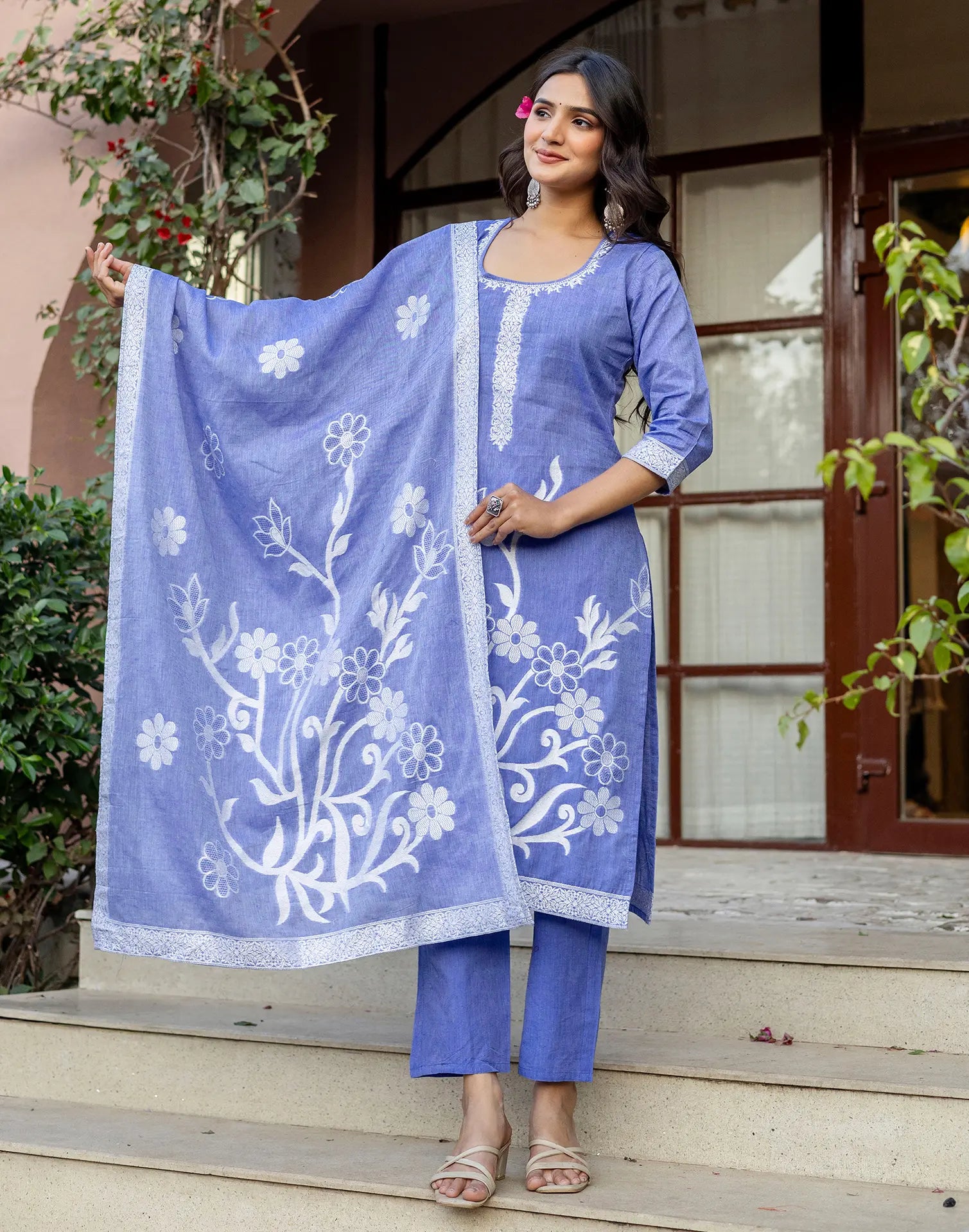 Cornflower Blue Round Neck Weaving Straight 3 Piece Kurta Set with Dupatta