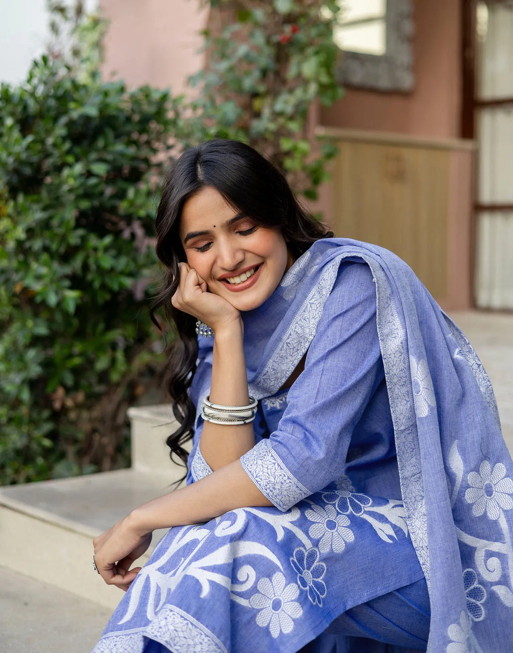 Cornflower Blue Round Neck Weaving Straight 3 Piece Kurta Set with Dupatta