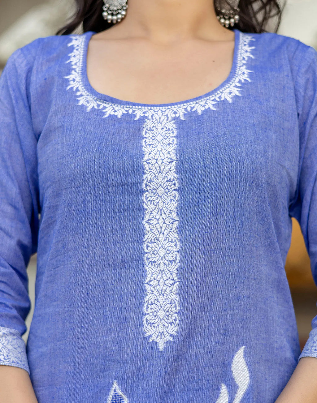 Cornflower Blue Round Neck Weaving Straight 3 Piece Kurta Set with Dupatta