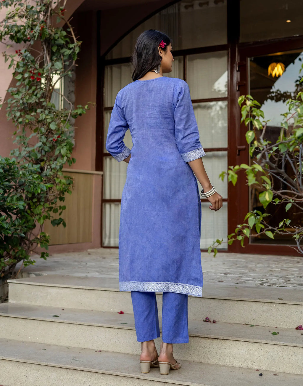 Cornflower Blue Round Neck Weaving Straight 3 Piece Kurta Set with Dupatta