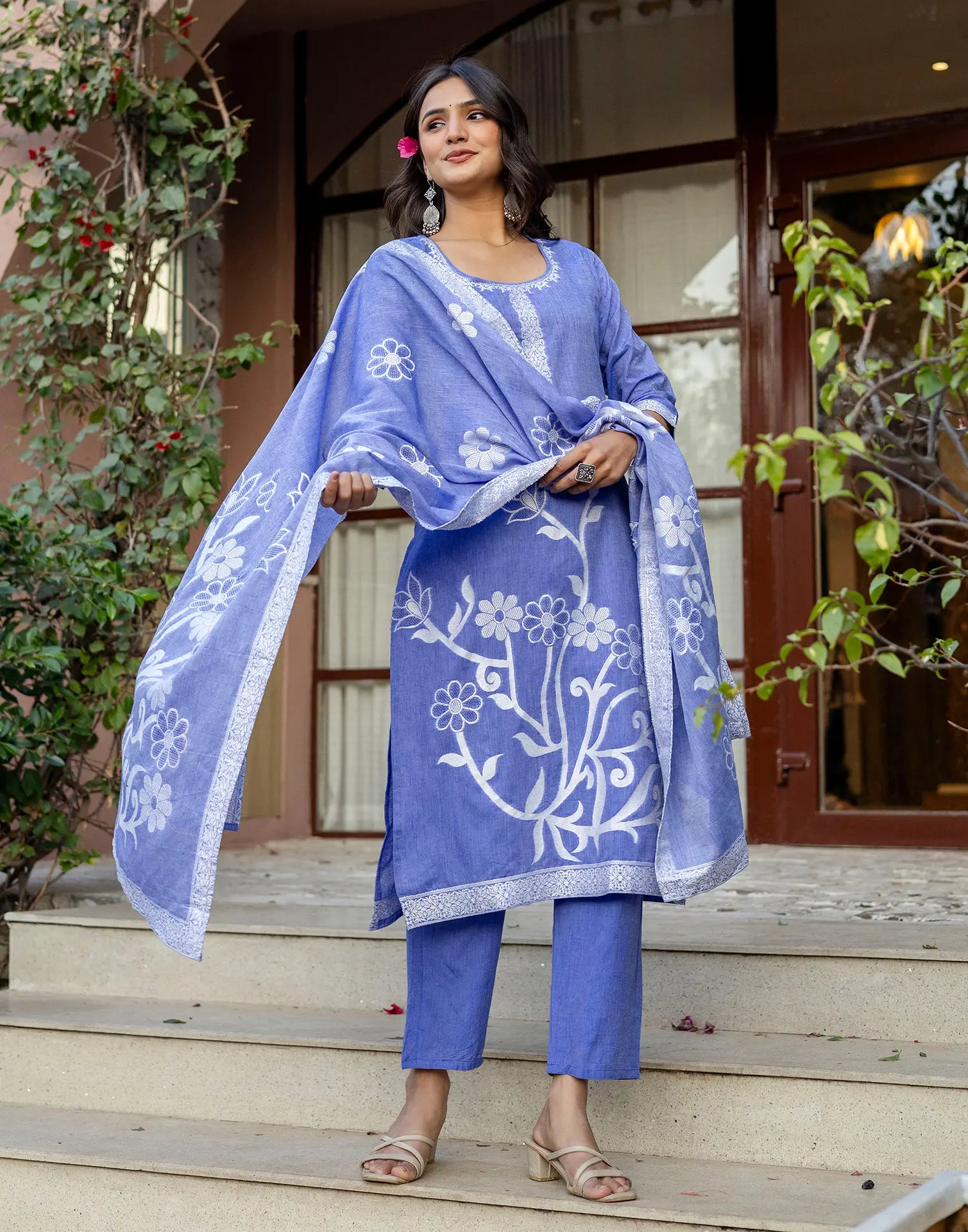 Cornflower Blue Round Neck Weaving Straight 3 Piece Kurta Set with Dupatta