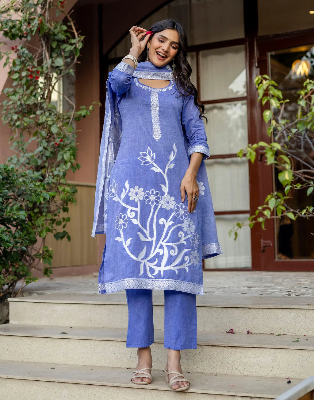 Cornflower Blue Round Neck Weaving Straight 3 Piece Kurta Set with Dupatta