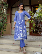 Cornflower Blue Round Neck Weaving Straight 3 Piece Kurta Set with Dupatta