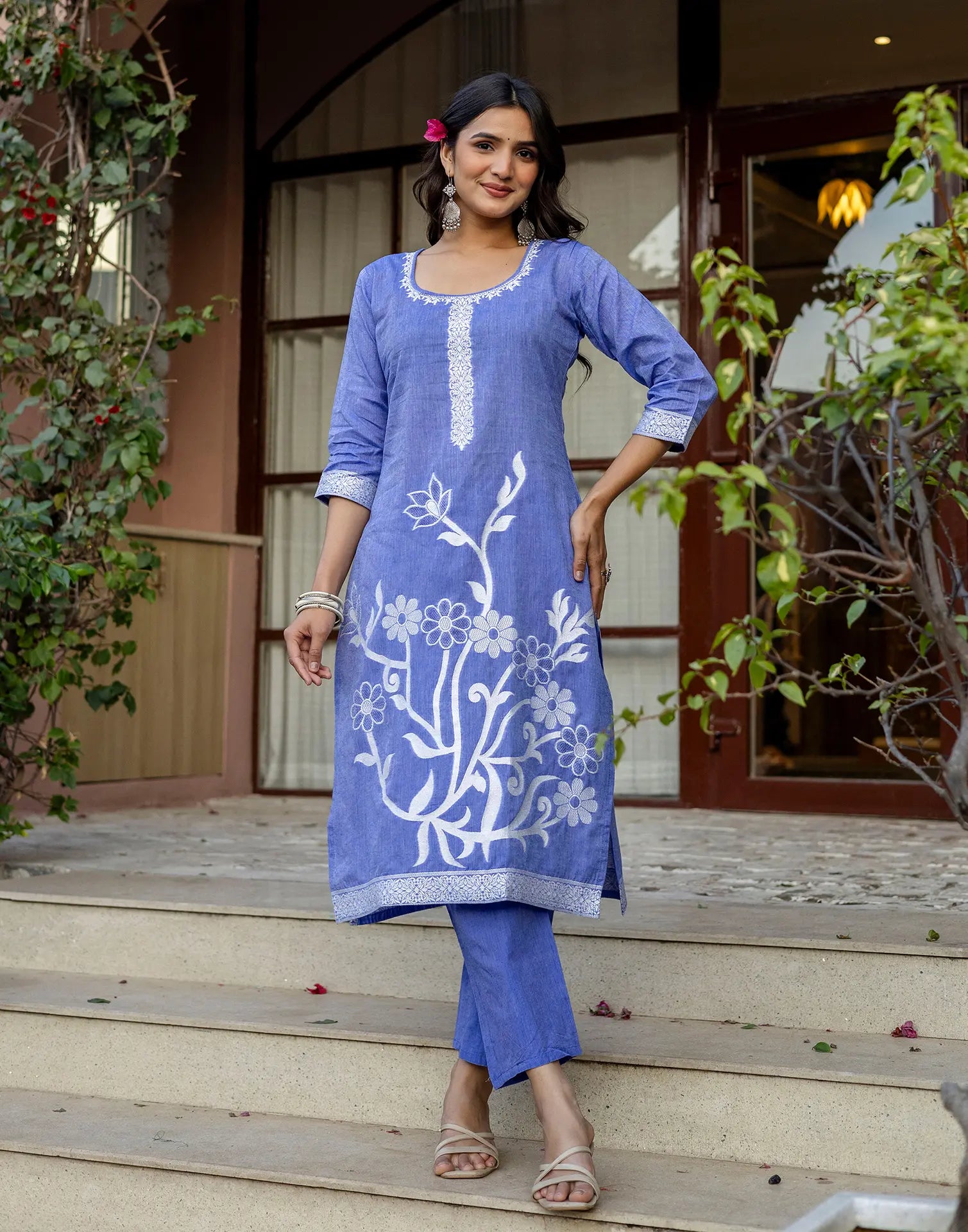Cornflower Blue Round Neck Weaving Straight 3 Piece Kurta Set with Dupatta