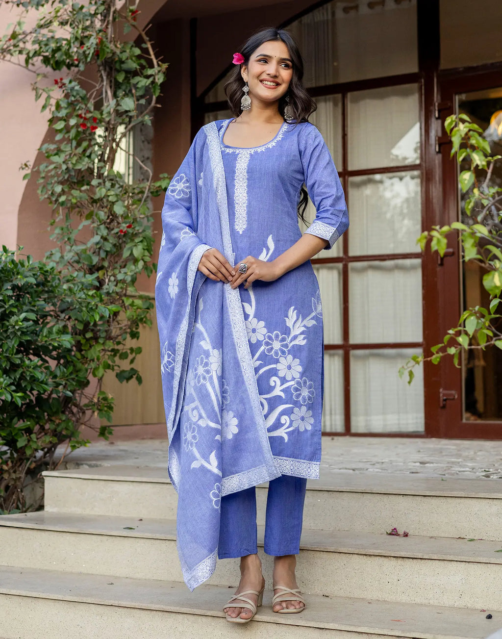 Cornflower Blue Round Neck Weaving Straight 3 Piece Kurta Set with Dupatta