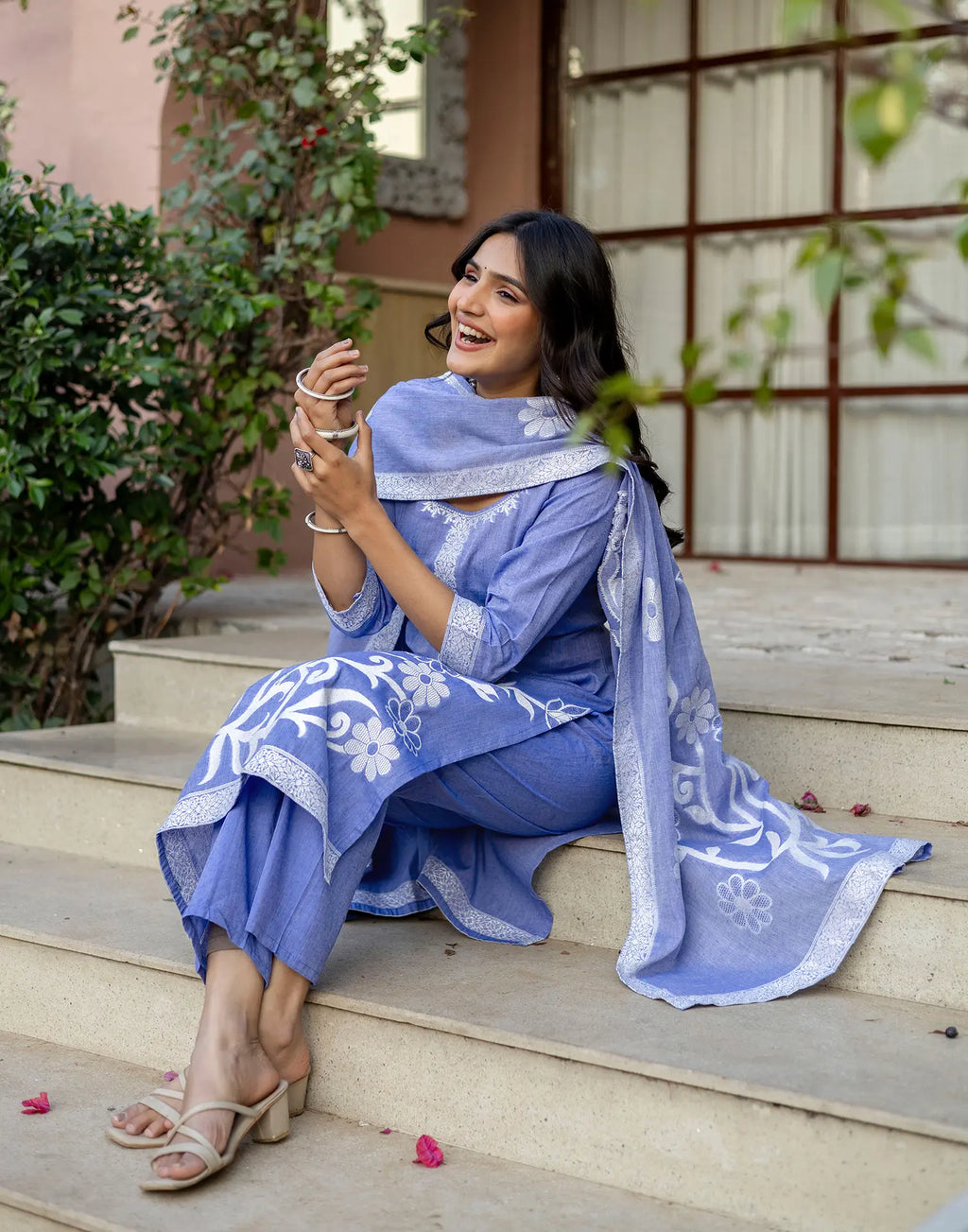 Cornflower Blue Round Neck Weaving Straight 3 Piece Kurta Set with Dupatta
