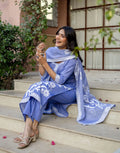 Cornflower Blue Round Neck Weaving Straight 3 Piece Kurta Set with Dupatta