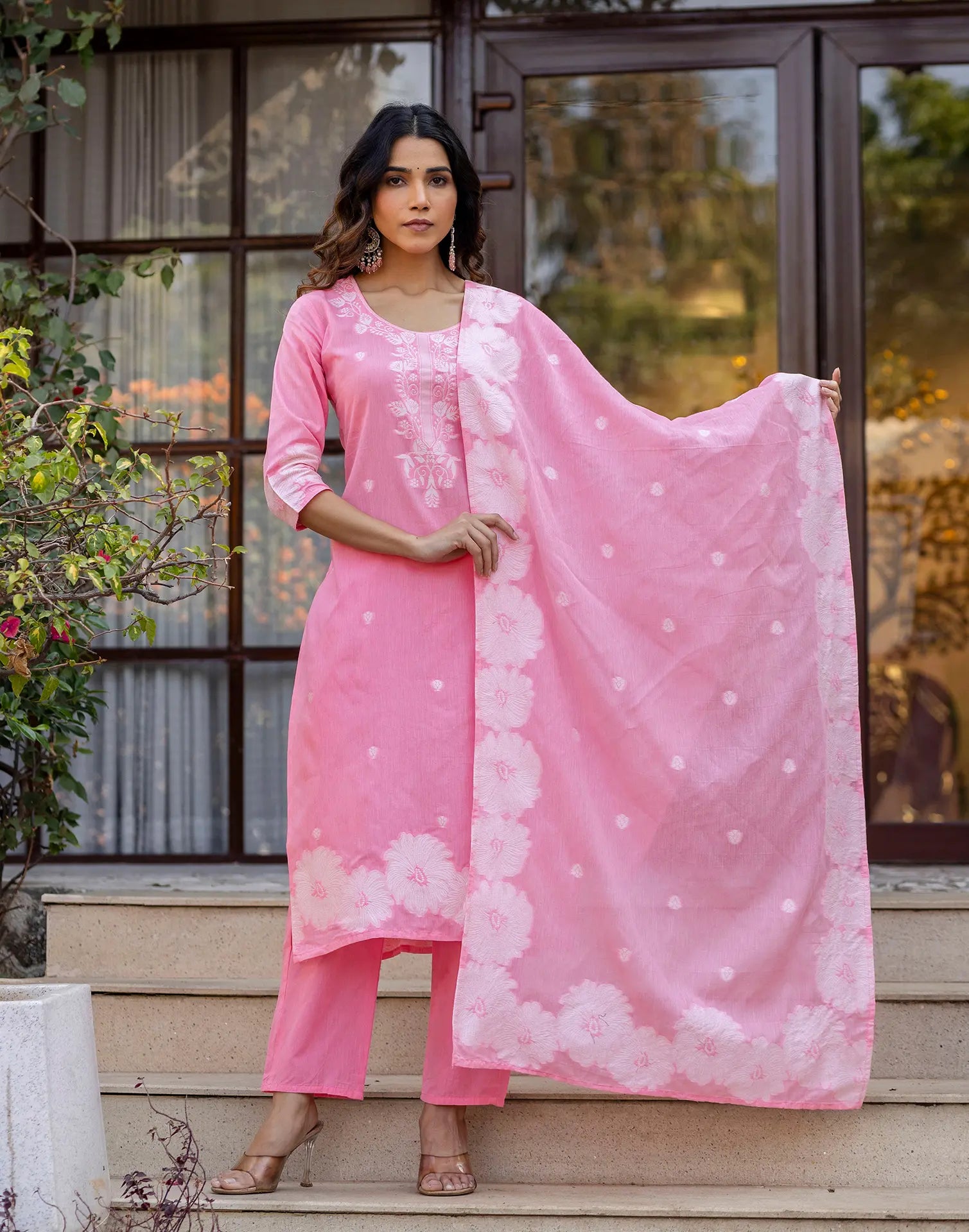Skylee Cotton Woven Straight 3 Piece Kurta Set For Woman