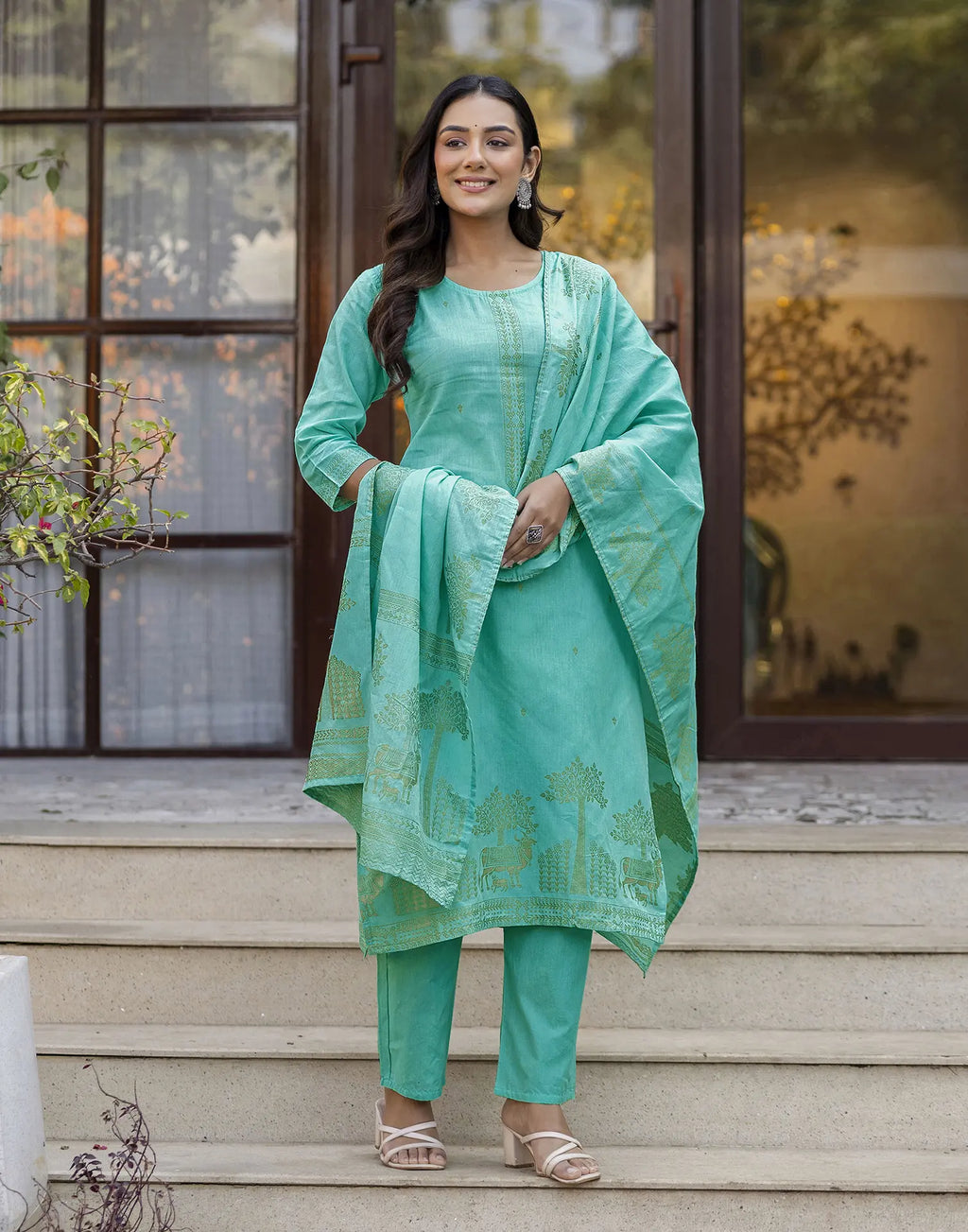 Glacier Blue Round Neck Weaving Straight 3 Piece Kurta Set with Dupatta