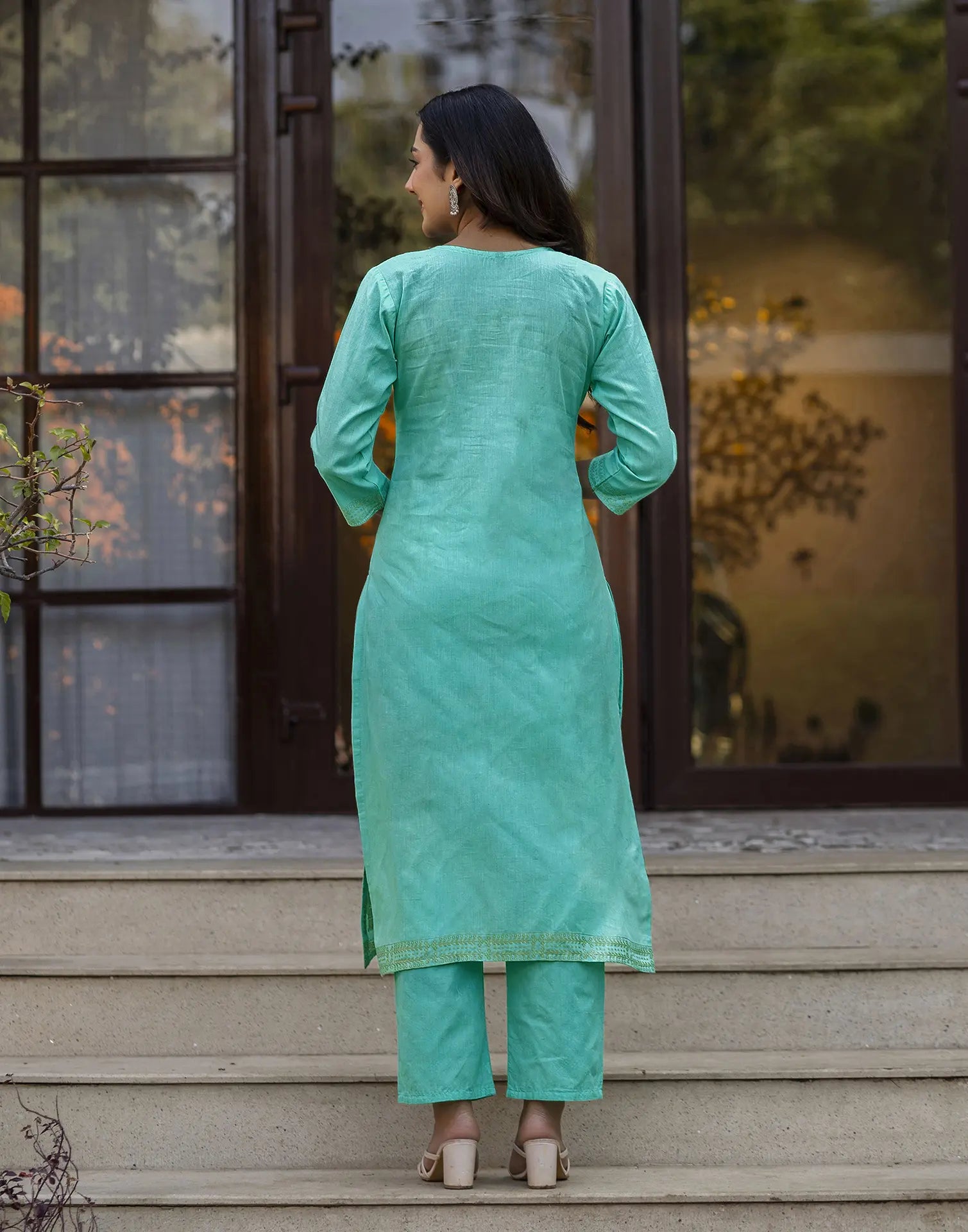 Glacier Blue Round Neck Weaving Straight 3 Piece Kurta Set with Dupatta