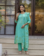 Glacier Blue Round Neck Weaving Straight 3 Piece Kurta Set with Dupatta